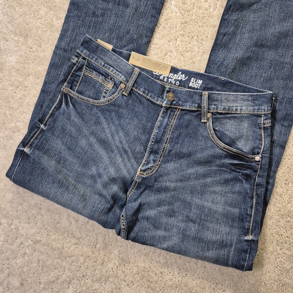 Wrangler Retro Jeans Slim Bootcut Mens 35/36 Blue Thigh Fade Western Work New